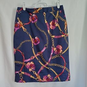 Women Charter Club Blue Skirt w Gold Chain and Roses Print Back Slit Size 2P